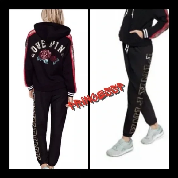 PINK VS 2017 FASHION SHOW BLING ROSES HOODIE AND JOGGERS SET - Picture 10 of 11